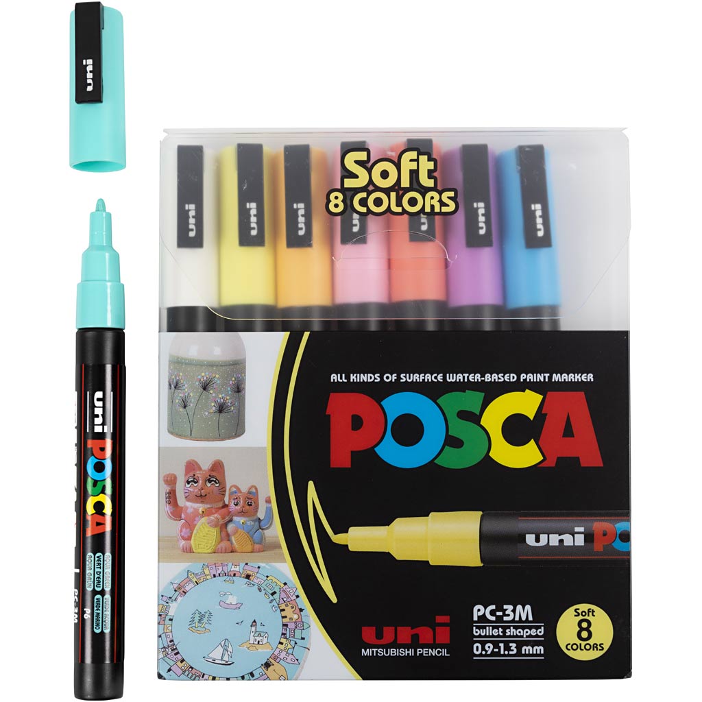 Posca Marker , mixade färger, nr. PC-3M, spets 0,9 - 1,3 mm, 8 mix./ 1 förp. [HOB-384290]
