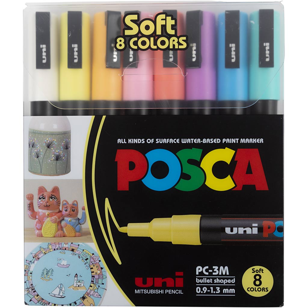 Posca Marker , mixade färger, nr. PC-3M, spets 0,9 - 1,3 mm, 8 mix./ 1 förp. [HOB-384290]