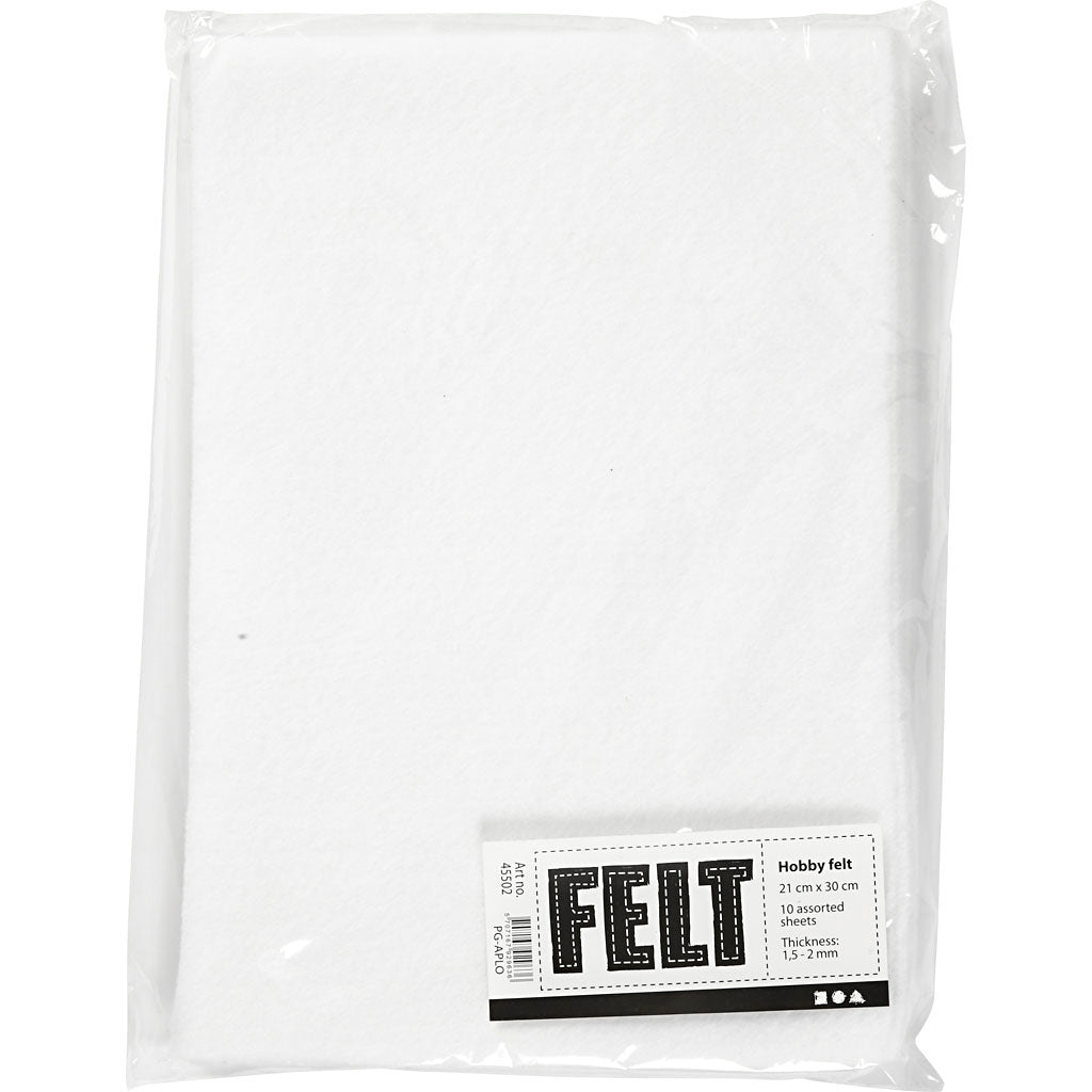 Hobbyfilt, A4, ark 210x297 mm, tjocklek 1,5-2 mm, vit, 10 ark/ 1 förp. [HOB-45502]