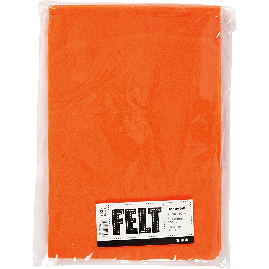 Hobbyfilt, A4, ark 210x297 mm, tjocklek 1,5-2 mm, orange, 10 ark/ 1 förp. [HOB-45503]