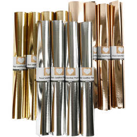 Läderpapper, B: 49 cm, tjocklek 0,55 mm, enfärgad,folie, guld, rosa guld, silver, 12x1 m/ 1 förp. [HOB-49894]
