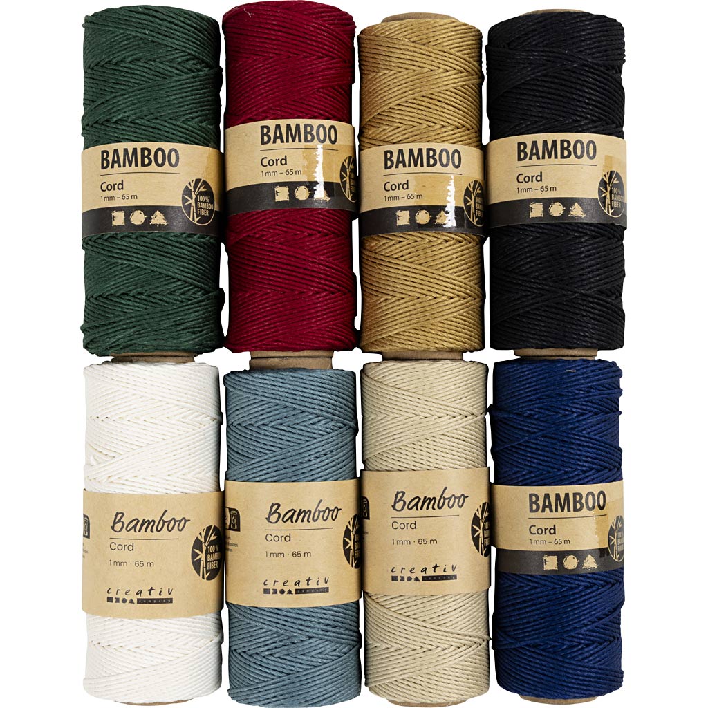 Bambusnöre, tjocklek 1 mm, mixade färger, 8x65 m/ 1 set [HOB-503480]