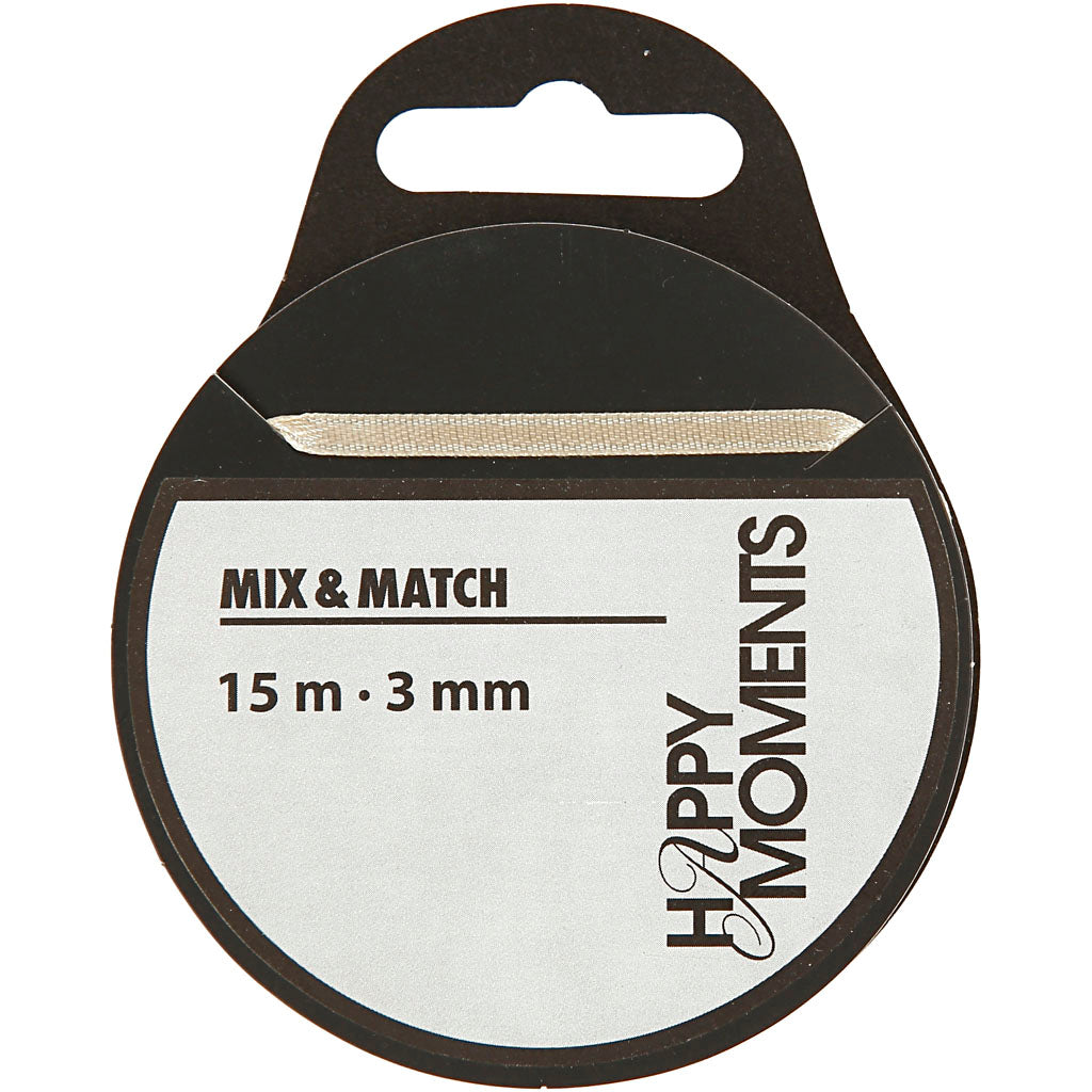 Satin Ribbon, W: 3 mm, off-white, 15 m/ 1 roll