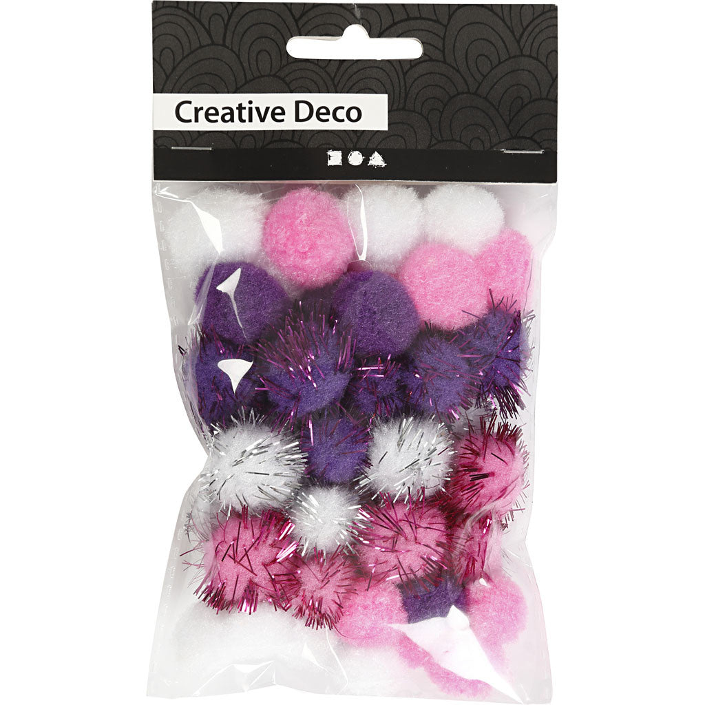 Pompoms, Dia. 15+20 mm, lila, ljusröd, vit, 48 mix./ 1 förp. [HOB-51884]