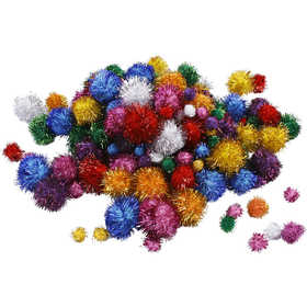 Pompoms,pompong, Dia. 15-40 mm, glitter, ca. 75 st., starka färger, 62 g/ 1 förp. [HOB-518920]