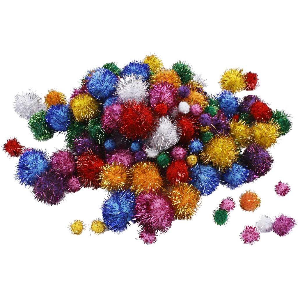 Pompoms,pompong, Dia. 15-40 mm, glitter, ca. 400 st., starka färger, 400 g/ 1 förp. [HOB-51892]