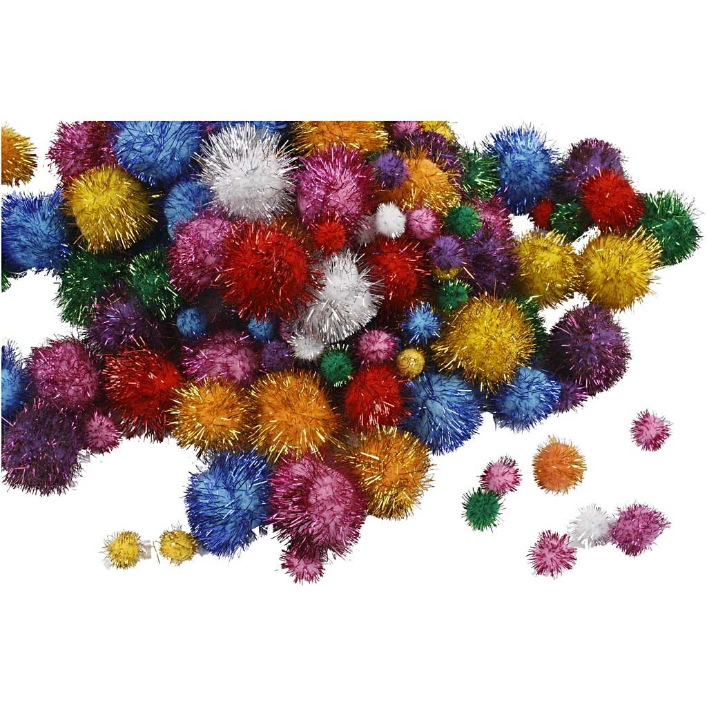 Pompoms,pompong, Dia. 15-40 mm, glitter, ca. 400 st., starka färger, 400 g/ 1 förp. [HOB-51892]