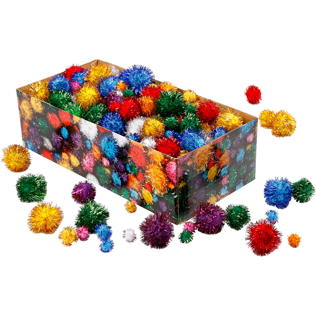 Pompoms, dia. 15-40 mm, glitter, ca. 400 pc, bold colours, 400 g
