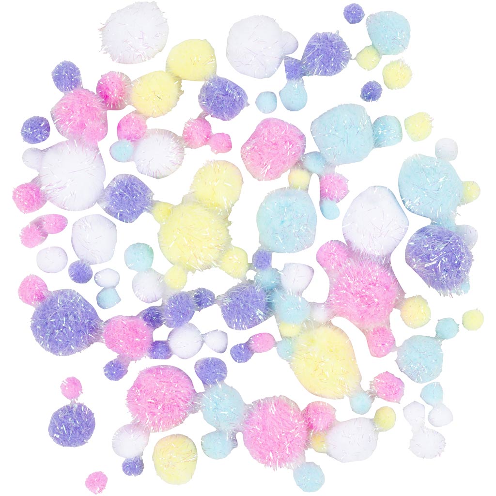 Pompoms, Dia. 15-40 mm, glitter, ca. 75 st., pastellfärger, 62 g/ 1 förp. [HOB-518950]