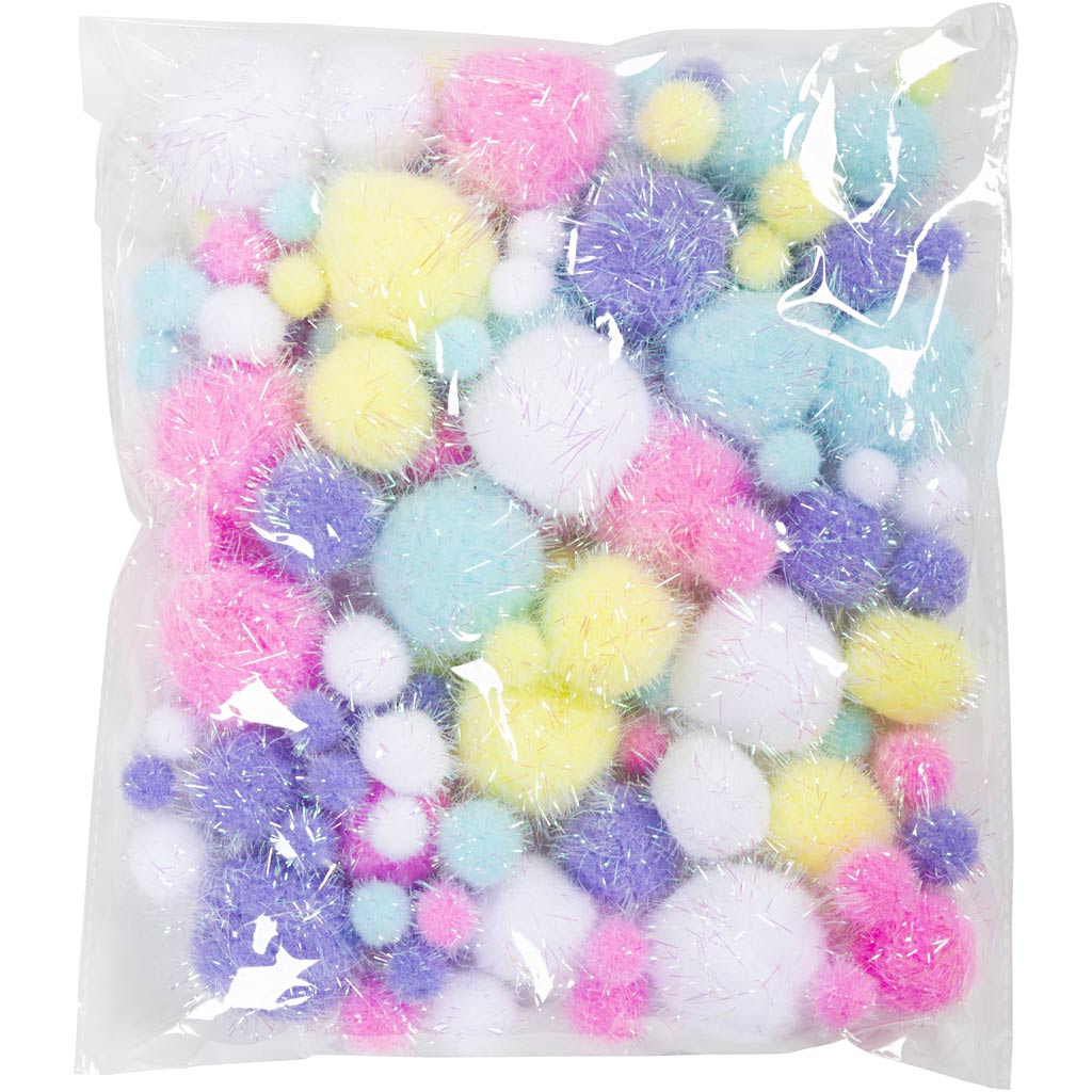 Pompoms, Dia. 15-40 mm, glitter, ca. 75 st., pastellfärger, 62 g/ 1 förp. [HOB-518950]