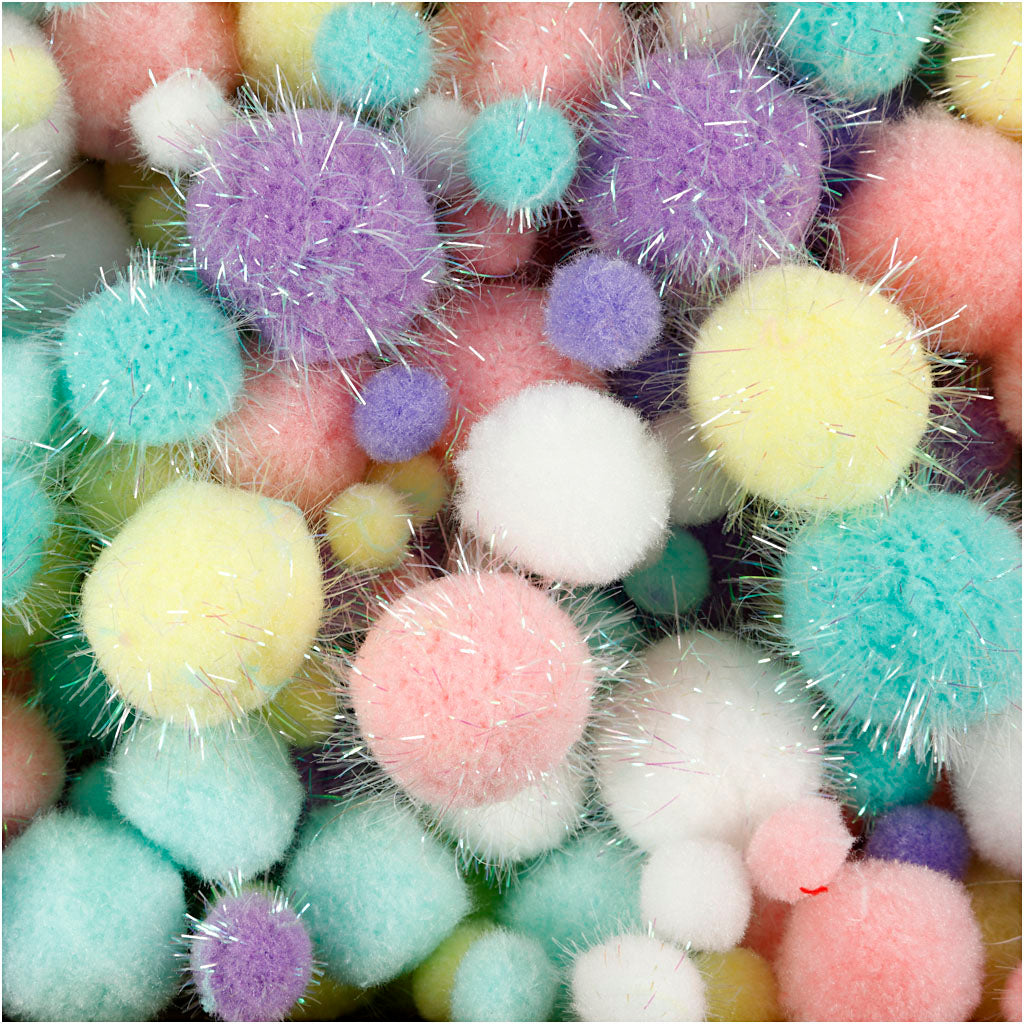 Pompoms, Dia. 15-40 mm, glitter, ca. 400 st., pastellfärger, 400 g/ 1 förp. [HOB-51895]