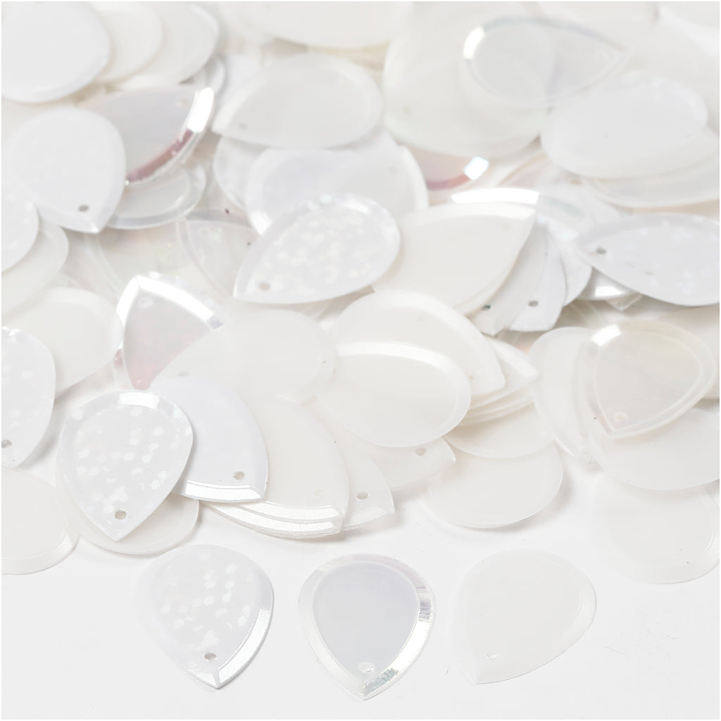 Sequins, raindrop, size 14x19 mm, white, 50 g