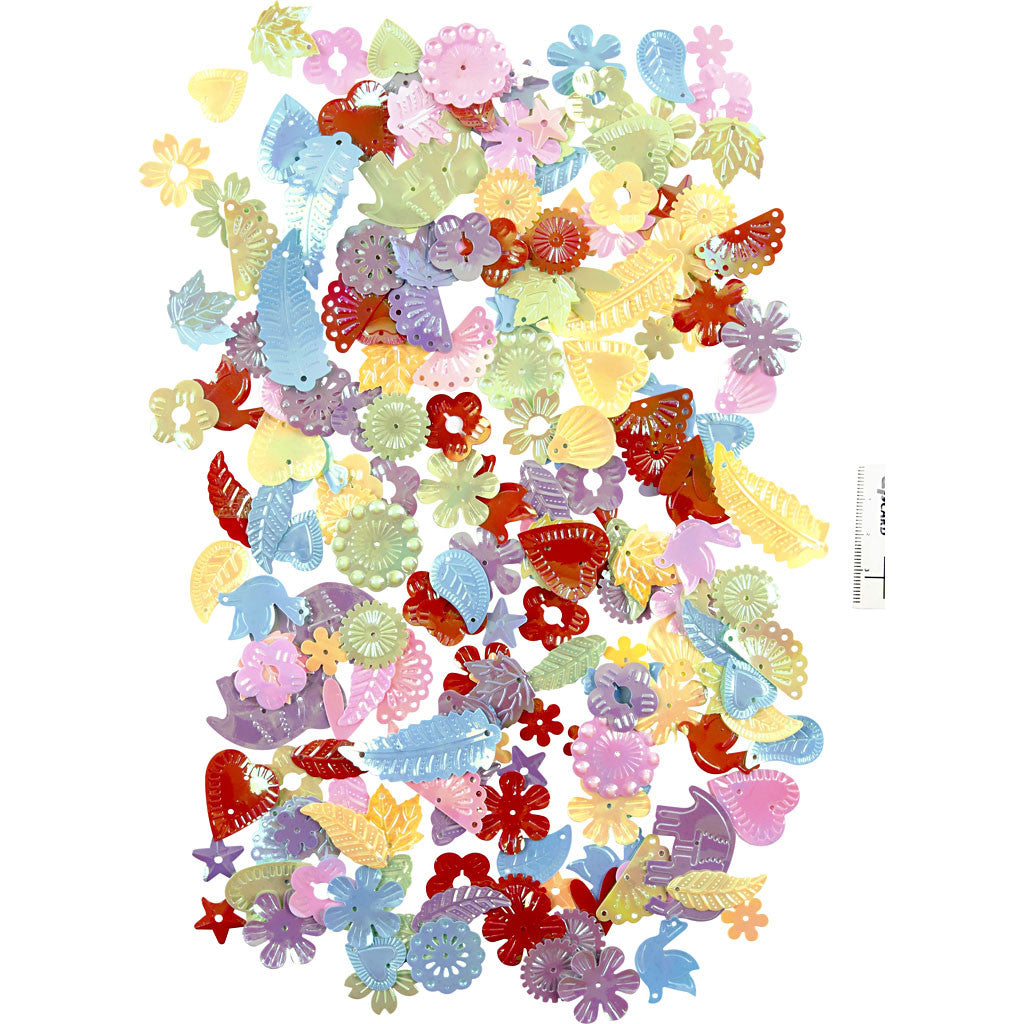 Paljetter, stl. 15-45 mm, pärlemorsfärger, 400 g/ 1 förp. [HOB-52252]