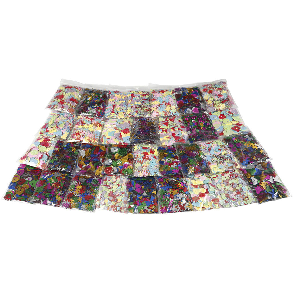 Multi paljettmix, stl. 7-30 mm, mixade färger, 32x25 g/ 1 förp. [HOB-52253]