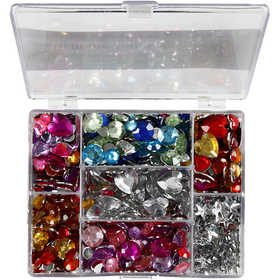 Rhinestones i ask, runda, stjärnor, hjärtan, Dia. 6+7+9+10+11+12+14+16 mm, blå, rosa, silver, 300 st./ 1 förp. [HOB-52315]