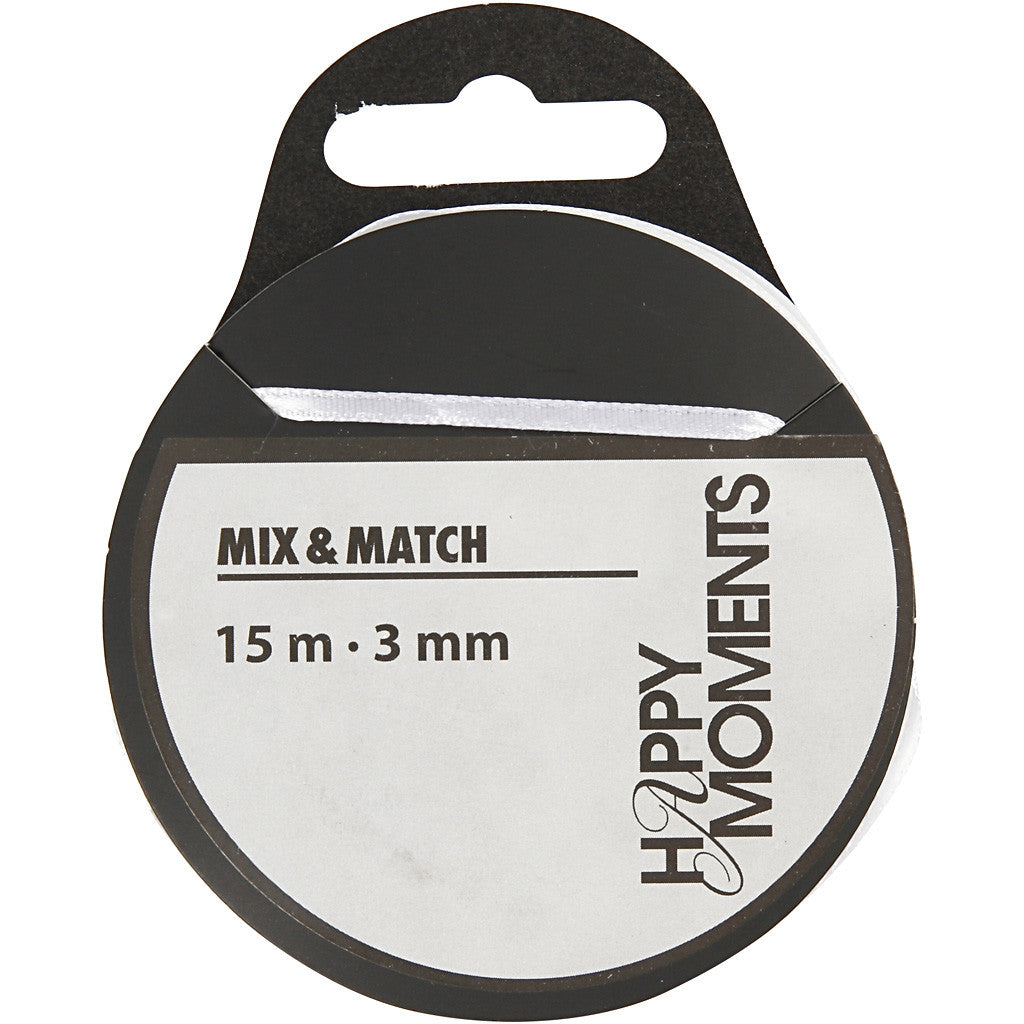 Satinband, B: 3 mm, vit, 15 m/ 1 rl. [HOB-524501]