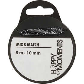 Satinband med tryck, B: 10 mm, svart, 8 m/ 1 rl. [HOB-524602]