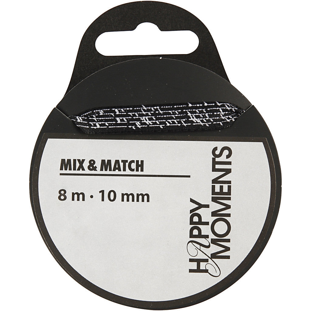 Satinband med tryck, B: 10 mm, svart, 8 m/ 1 rl. [HOB-524602]