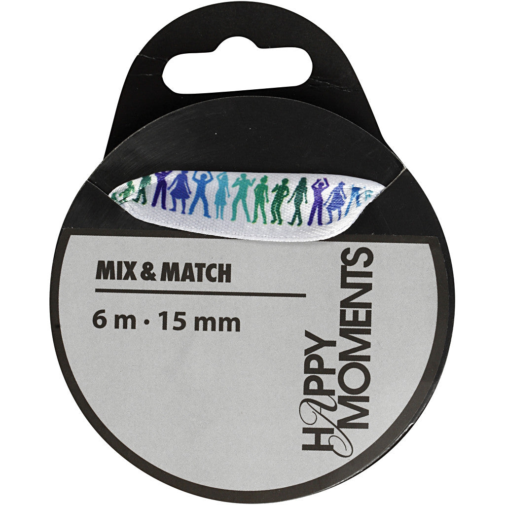 Satinband med tryck, B: 15 mm, ljusblå, 6 m/ 1 rl. [HOB-525008]