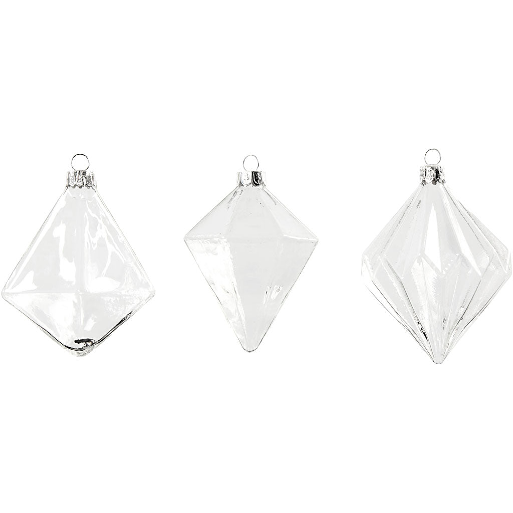 Glass Ornaments, H: 9,6+9,8+10,5 cm, dia. 7+7,9+8 cm, transparent