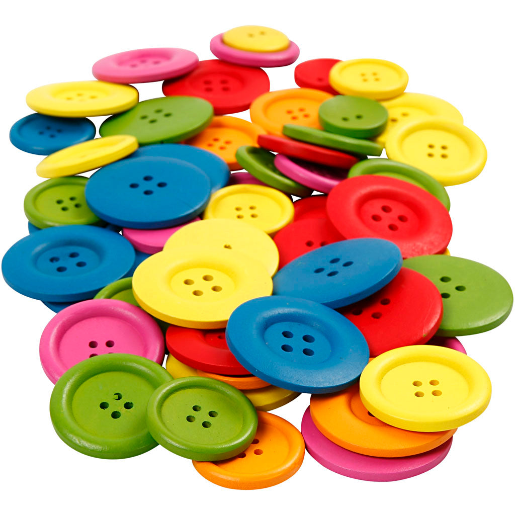 Wooden Buttons, dia. 25-40 mm, 2-4 holes, assorted colours, 144 pc
