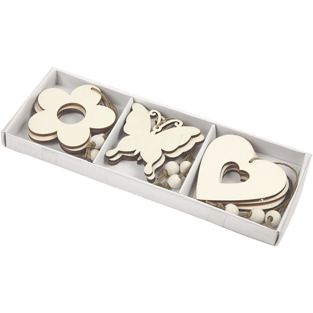 Trädekorationer, Blommor, fjärilar, hjärtan, stl. 6 cm, 9 st./ 1 förp. [HOB-56731]