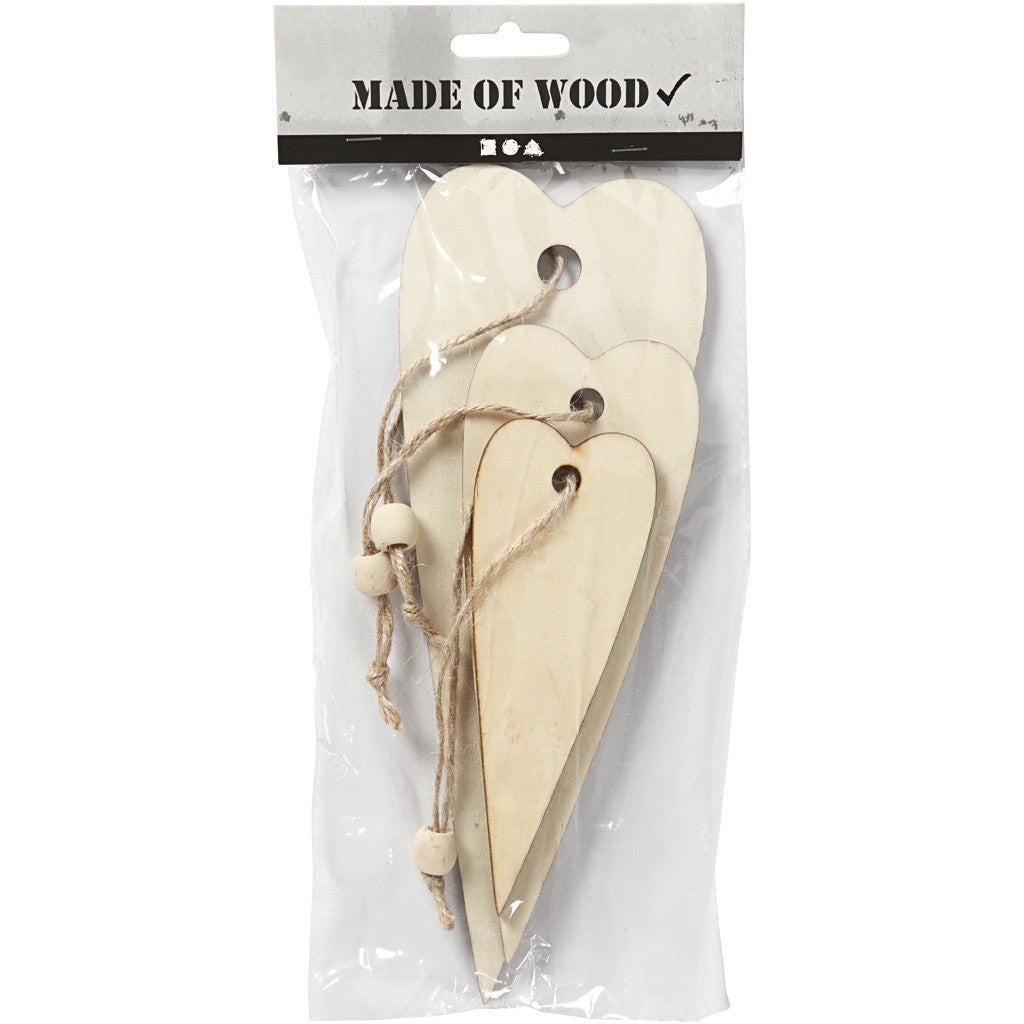 Trädekorationer, avlångt hjärta, H: 12+16+20 cm, tjocklek 5 mm, 3 st./ 1 förp. [HOB-56735]