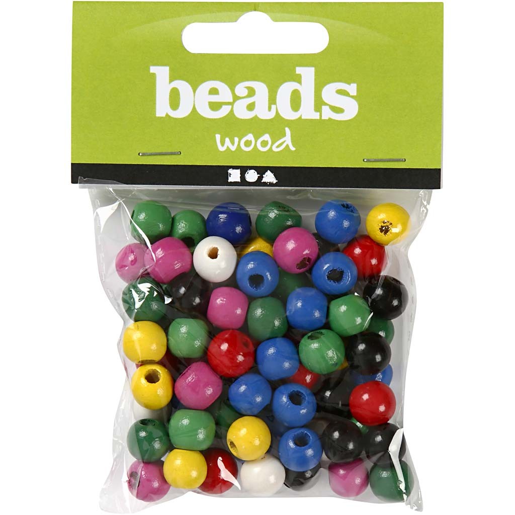 Träpärlor, Dia. 12 mm, Hålstl. 3 mm, ca. 40 mix., mixade färger, 22 g/ 1 förp. [HOB-570419]
