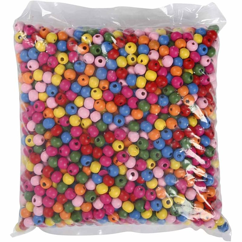 Träpärlor, Dia. 10 mm, Hålstl. 2,5-3 mm, ca. 1500 st., mixade färger, 500 g/ 1 påse [HOB-57123]