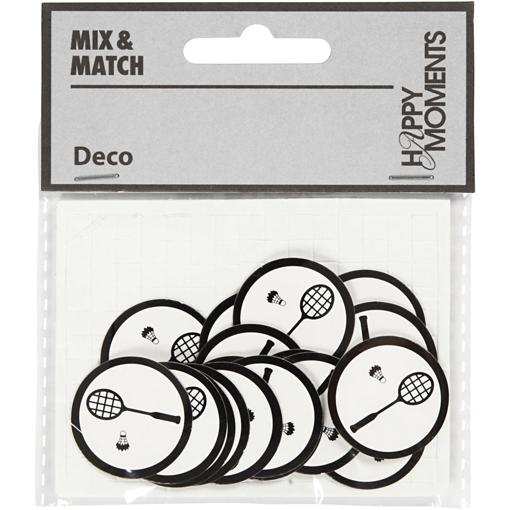 Kartongetikett, badmintonracket + fjäderboll, Dia. 25 mm, vit/svart, 20 st./ 1 förp. [HOB-586035]