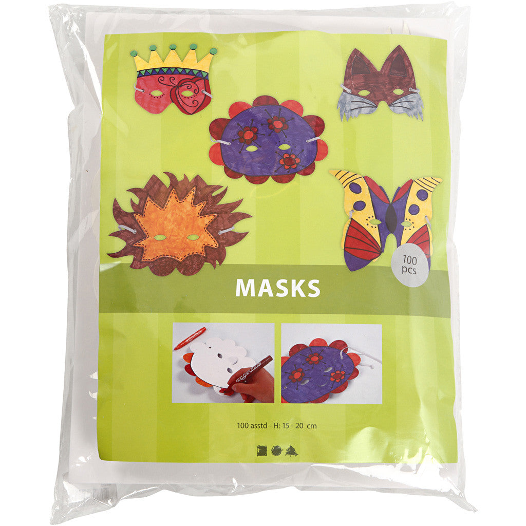 Masker av papp och elastiskt band, H: 15-20 cm, 230 g, vit, 100 mix./ 1 förp. [HOB-59261]