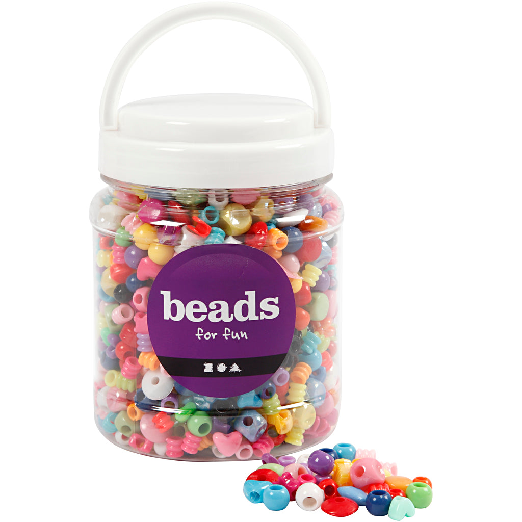 Plastic Beads, size 6-20 mm, hole size 1,5-6 mm, ca. 1175 pc, 390 g, 700 ml/ 1 tub