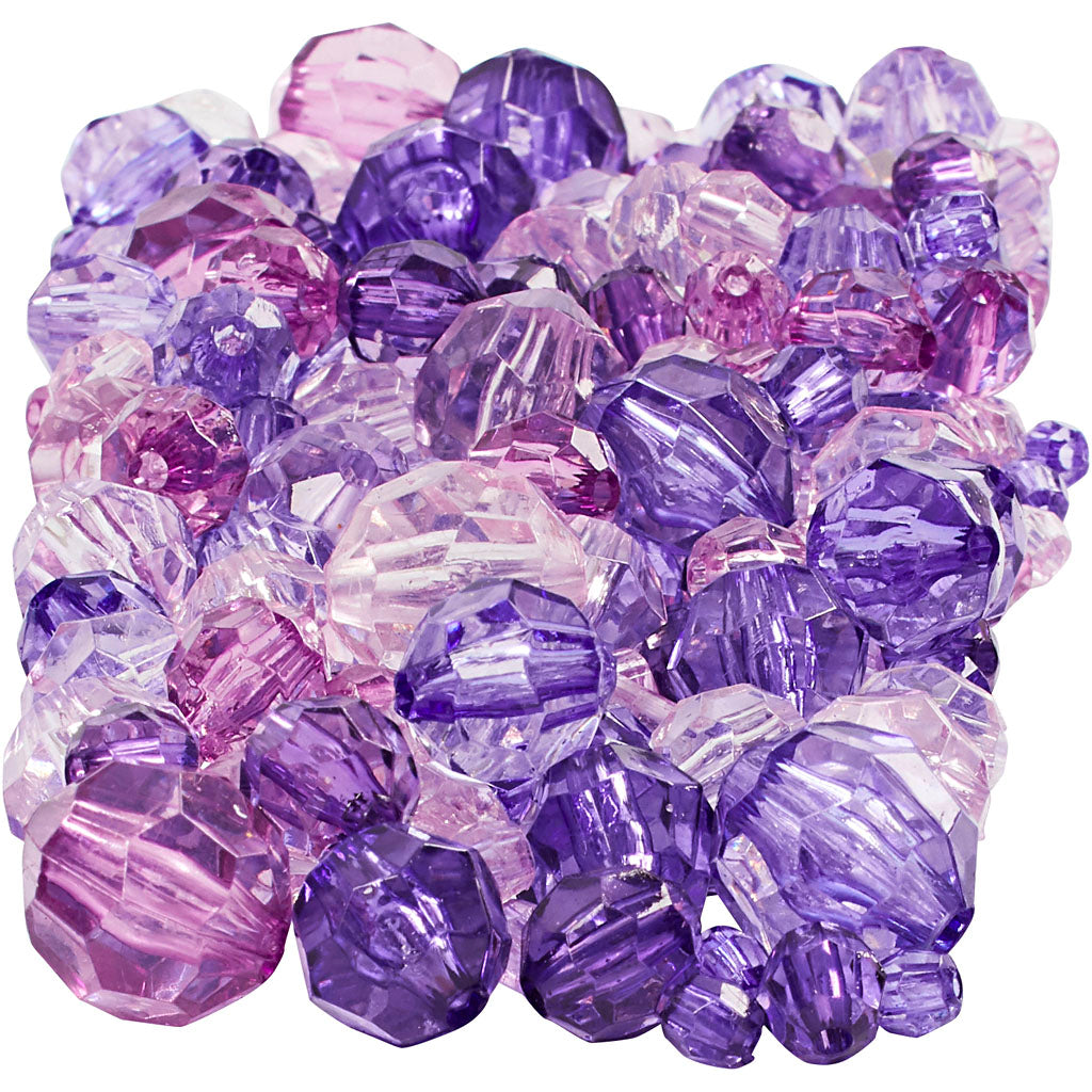 Facet Beads, size 4-12 mm, hole size 1-2,5 mm, ca. 860 pc, purple, 250 g