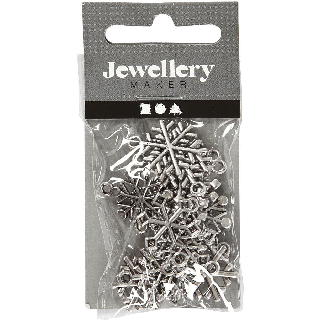 Berlocker, snöflingor, H: 20 mm, Hålstl. 1,5 mm, antiksilver, 18 mix./ 1 förp. [HOB-63232]