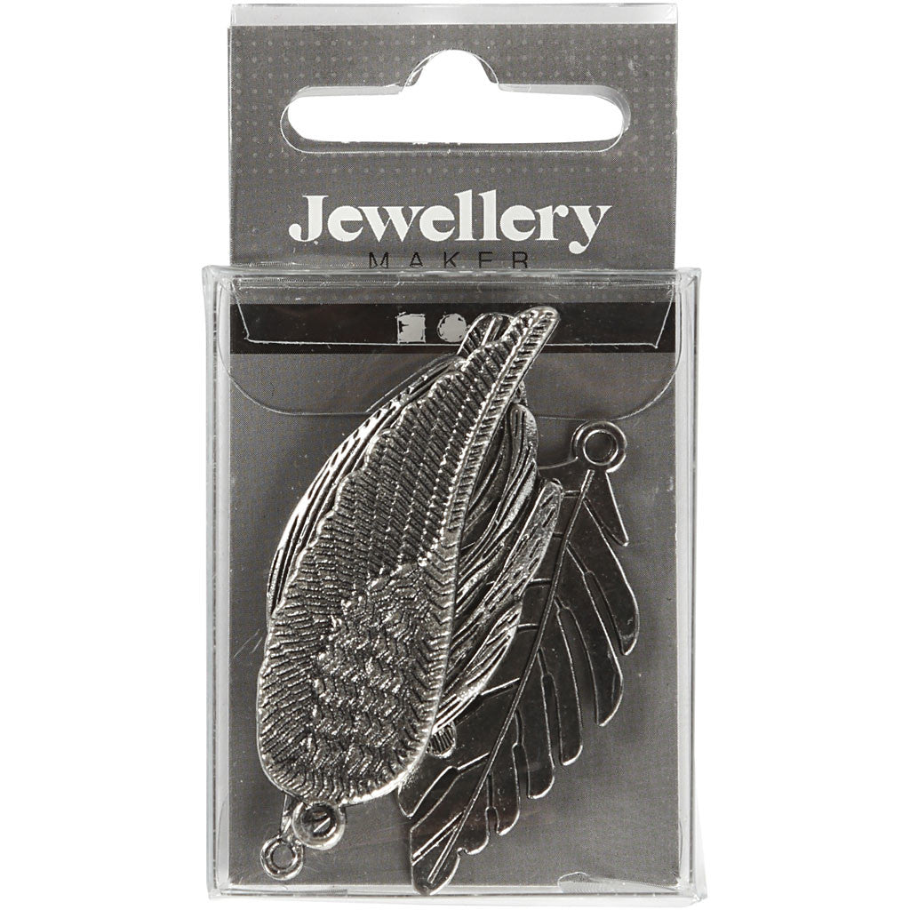 Berlocker, fjädrar, stl. 29-55 mm, Hålstl. 12-20 mm, antiksilver, 4 st./ 1 förp. [HOB-637110]