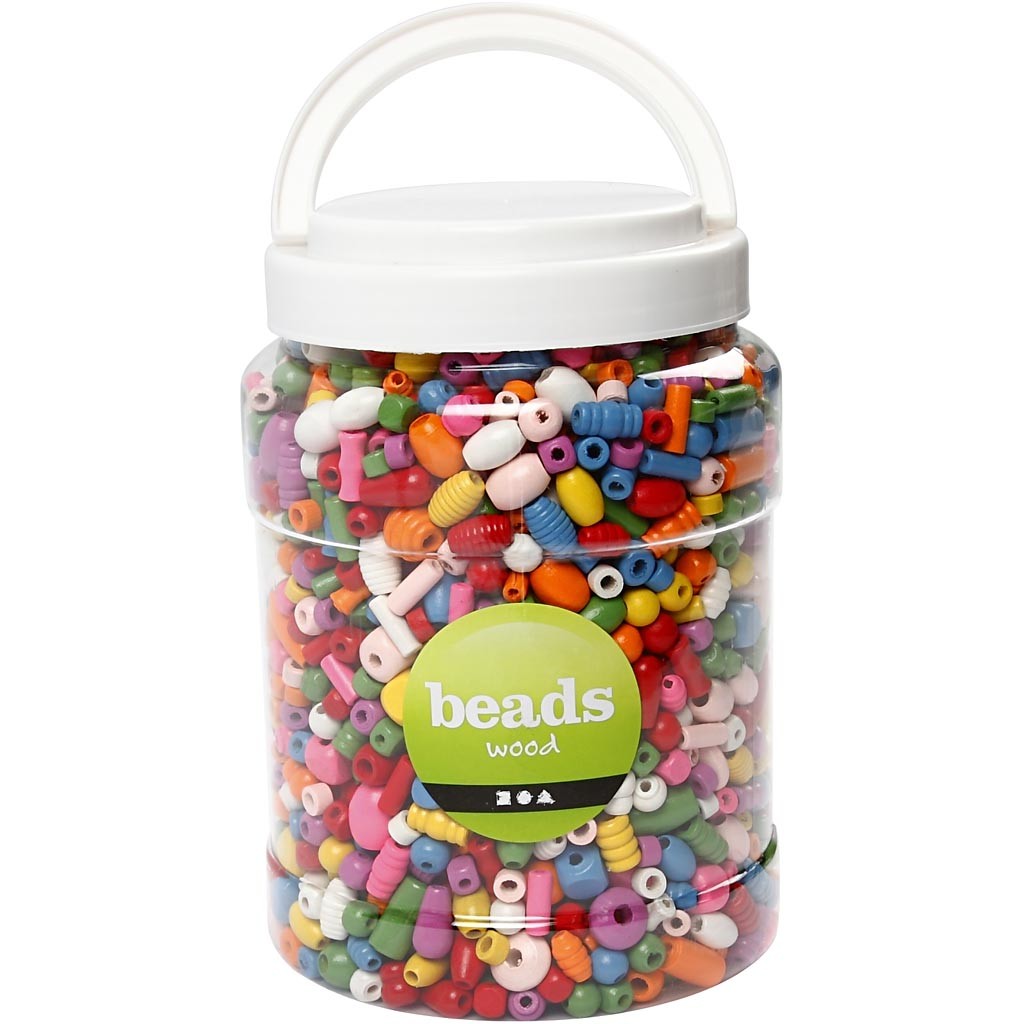 Träpärlor, stl. 5-28 mm, Hålstl. 2,5-3 mm, ca. 1938 st., mixade färger, 850 g, 2 l/ 1 hink [HOB-68476]