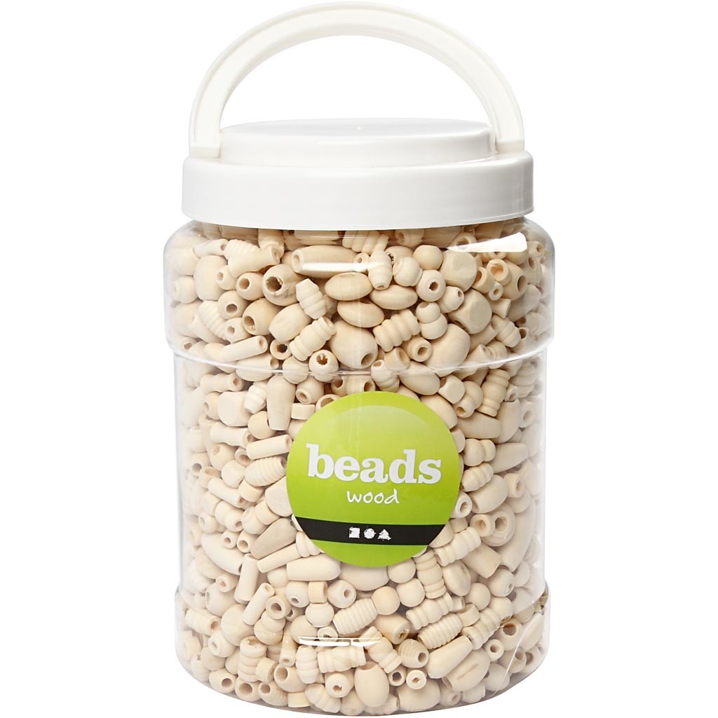 Träpärlor, stl. 5-28 mm, Hålstl. 2,5-3 mm, ca. 1462 st., 850 g, 2 l/ 1 hink [HOB-68477]