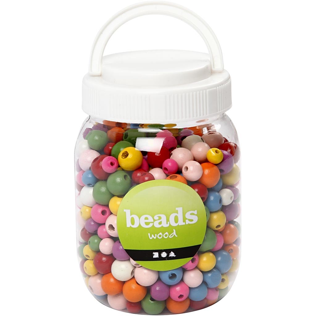 Träpärlor, Dia. 8+10+12 mm, Hålstl. 2-2,5 mm, mixade färger, 400ml/ 1 hink, 175 g [HOB-68481]