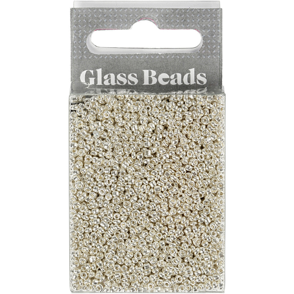 Rocaillepärlor, Dia. 1,7 mm, stl. 15/0, Hålstl. 0,5-0,8 mm, silver metall, 25 g/ 1 förp. [HOB-686720]