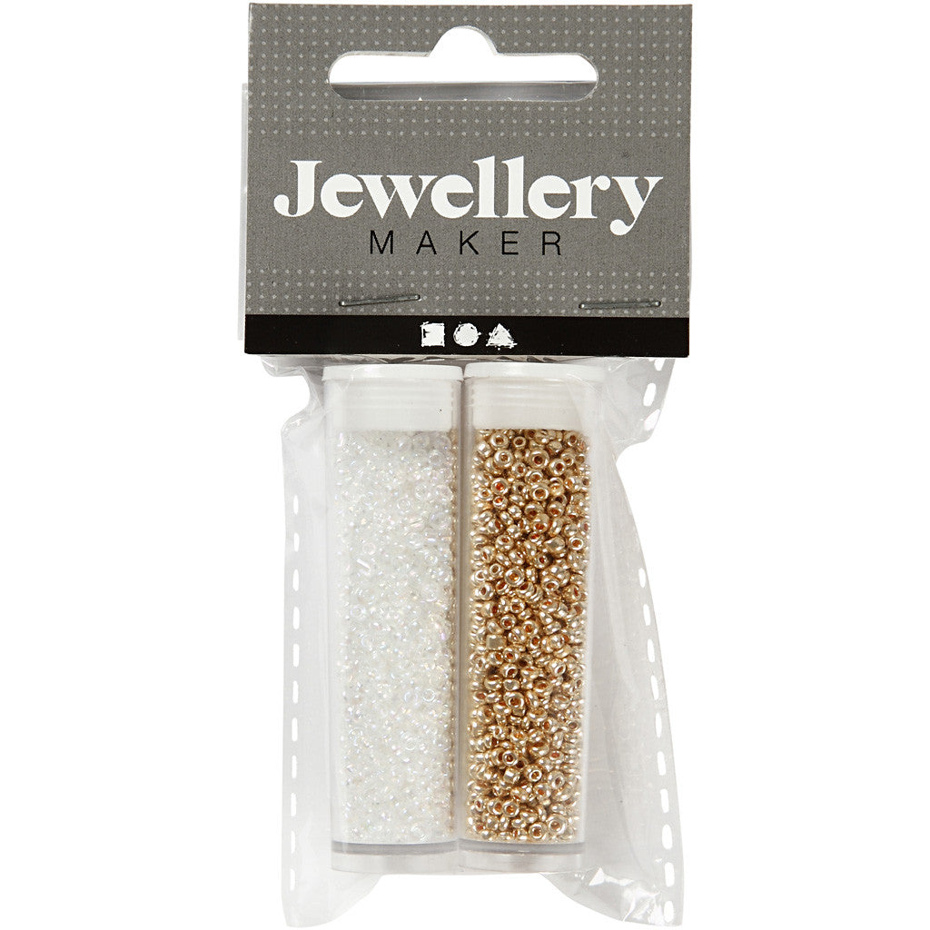 Rocaillepärlor, Dia. 1,7 mm, stl. 15/0, Hålstl. 0,5-0,8 mm, vit, 2x7 g/ 1 förp. [HOB-68683]