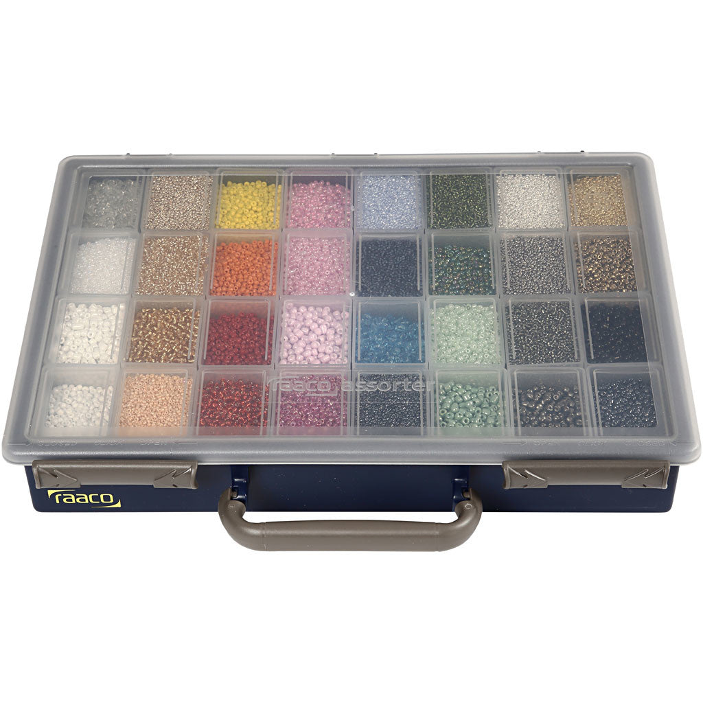 Rocaillepärlor, Dia. 1,7+3+4 mm, stl. 6/0+8/0+12/0, Hålstl. 0,5-1,2 mm, färger kan variera , 32x100 g/ 1 förp. [HOB-688213]