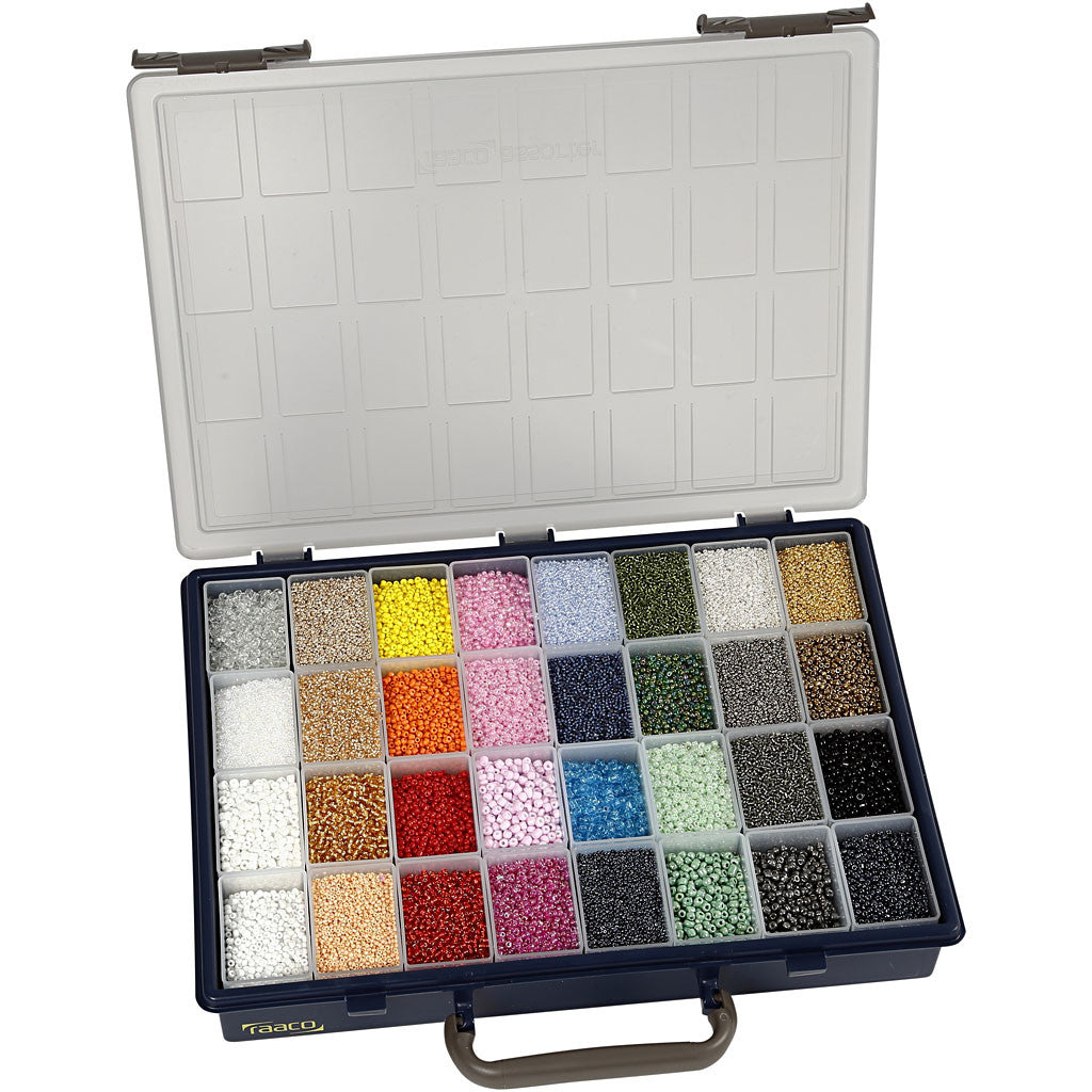 Rocaillepärlor, Dia. 1,7+3+4 mm, stl. 6/0+8/0+12/0, Hålstl. 0,5-1,2 mm, färger kan variera , 32x100 g/ 1 förp. [HOB-68821]