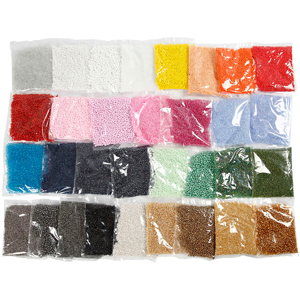 Rocaillepärlor, Dia. 1,7+3+4 mm, stl. 6/0+8/0+12/0, Hålstl. 0,5-1,2 mm, färger kan variera , 32x100 g/ 1 förp. [HOB-68821]