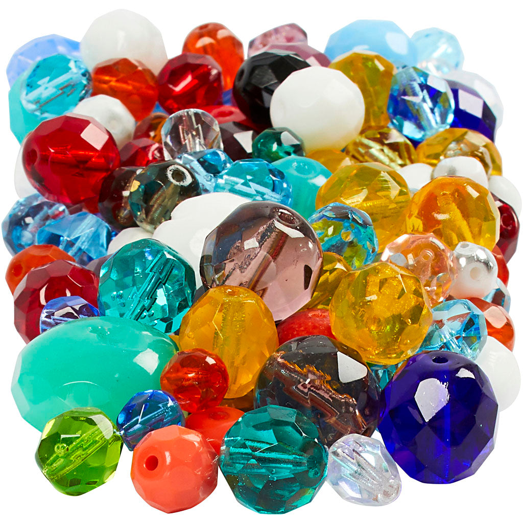 Faceted Beads, size 3-15 mm, hole size 0,5-1,5 mm, ca. 450 pc, assorted colours, 400 g
