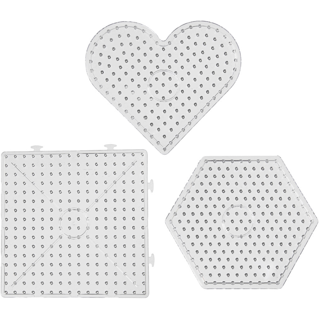 Peg Board, hearts, hexagons, squares, size 15x15-17,5x17,5 cm, JUMBO, clear, 6 pc