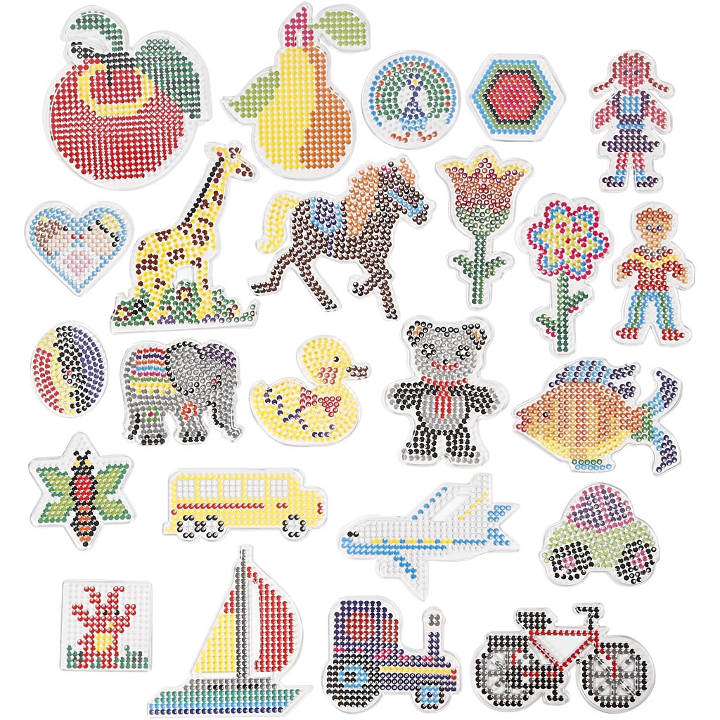 Peg Board, geometric, animals, children/flowers and transport, size 7x7,5-14x16 cm, medium, clear, 4x10 pack