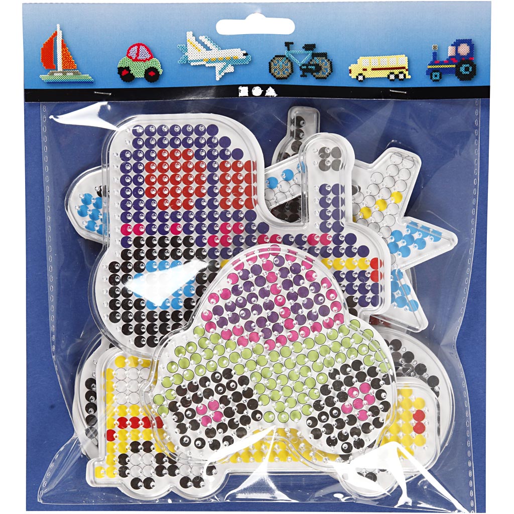 Pärlplattor, bil, flygplan, båt, traktor, buss och cykel, stl. 9x9,5+11x16 cm, medium, 6 st./ 1 förp. [HOB-75593]