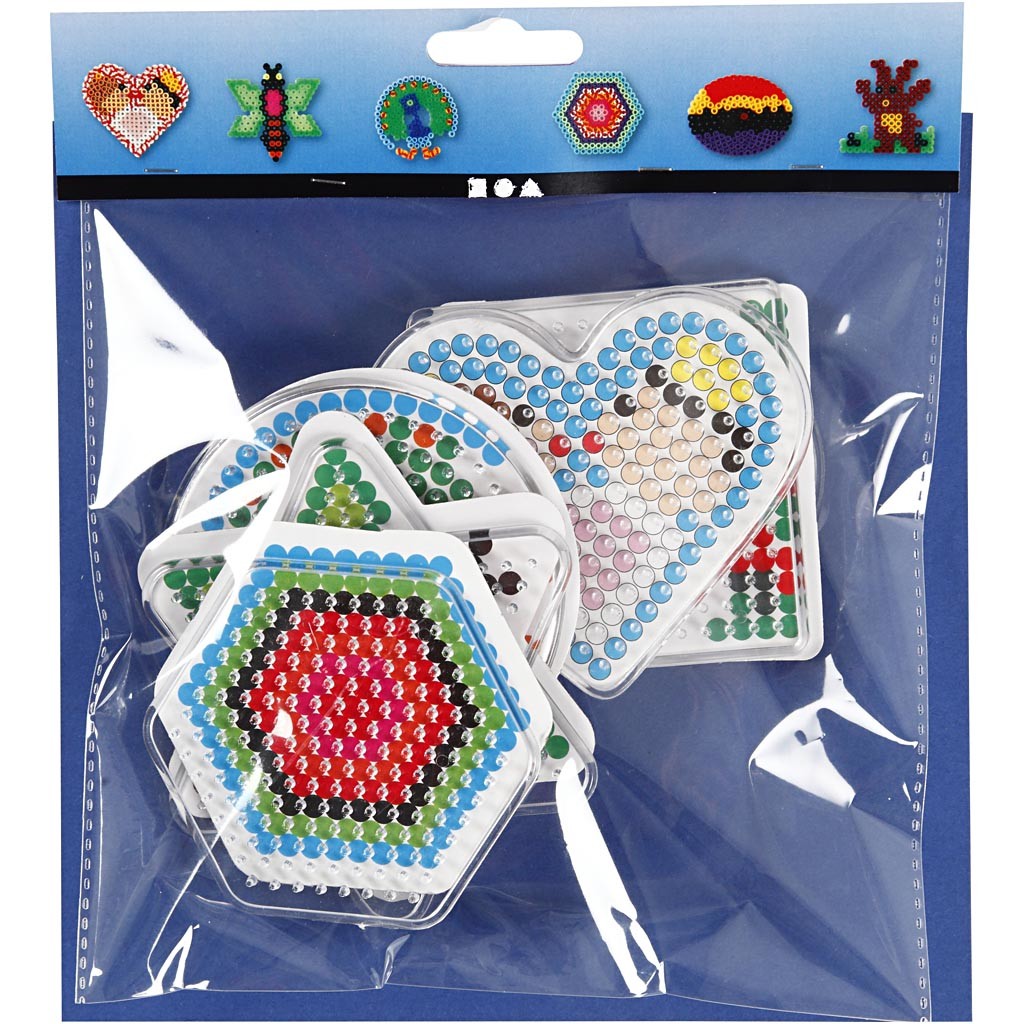 Pärlplattor, oval, hjärta, hexagon, cirkel, fyrkant, stjärna, stl. 7x7,5-10,5x9,5 cm, medium, 6 st./ 1 förp. [HOB-75596]