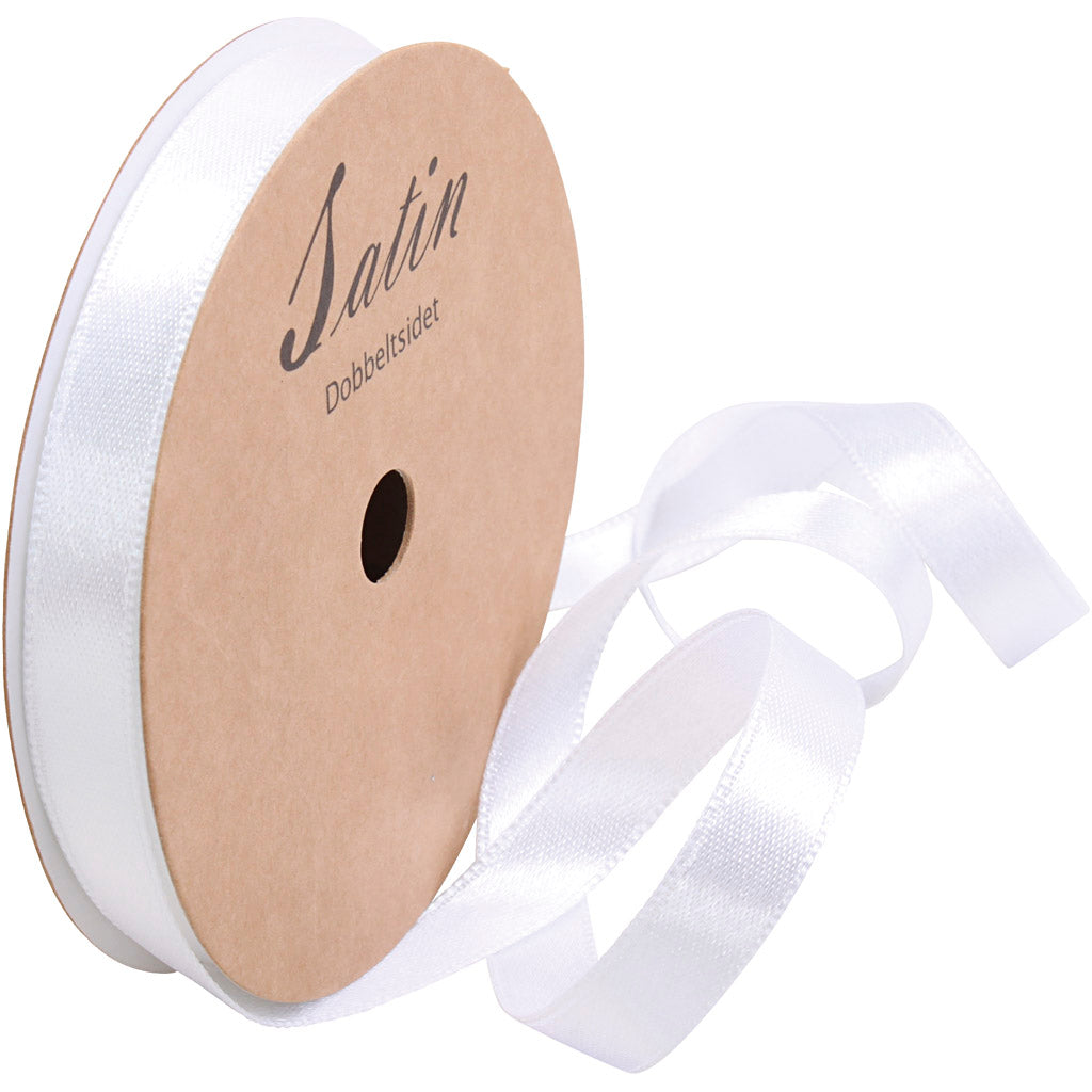 Satin Ribbon, W: 10 mm, white, 10 m/ 1 roll