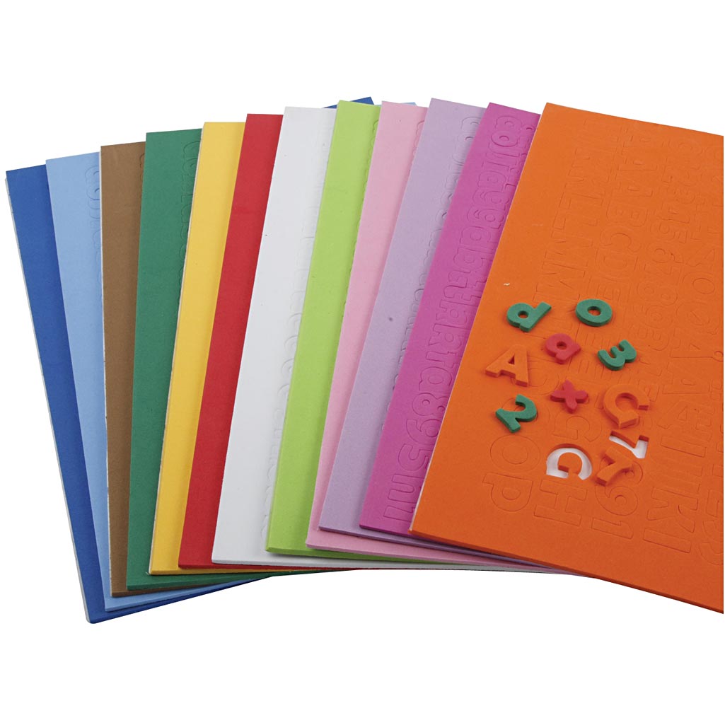 Dekorgummibokstäver- och siffror, H: 20 mm, tjocklek 3 mm, mixade färger, 24 mix. ark/ 1 förp. [HOB-79008]